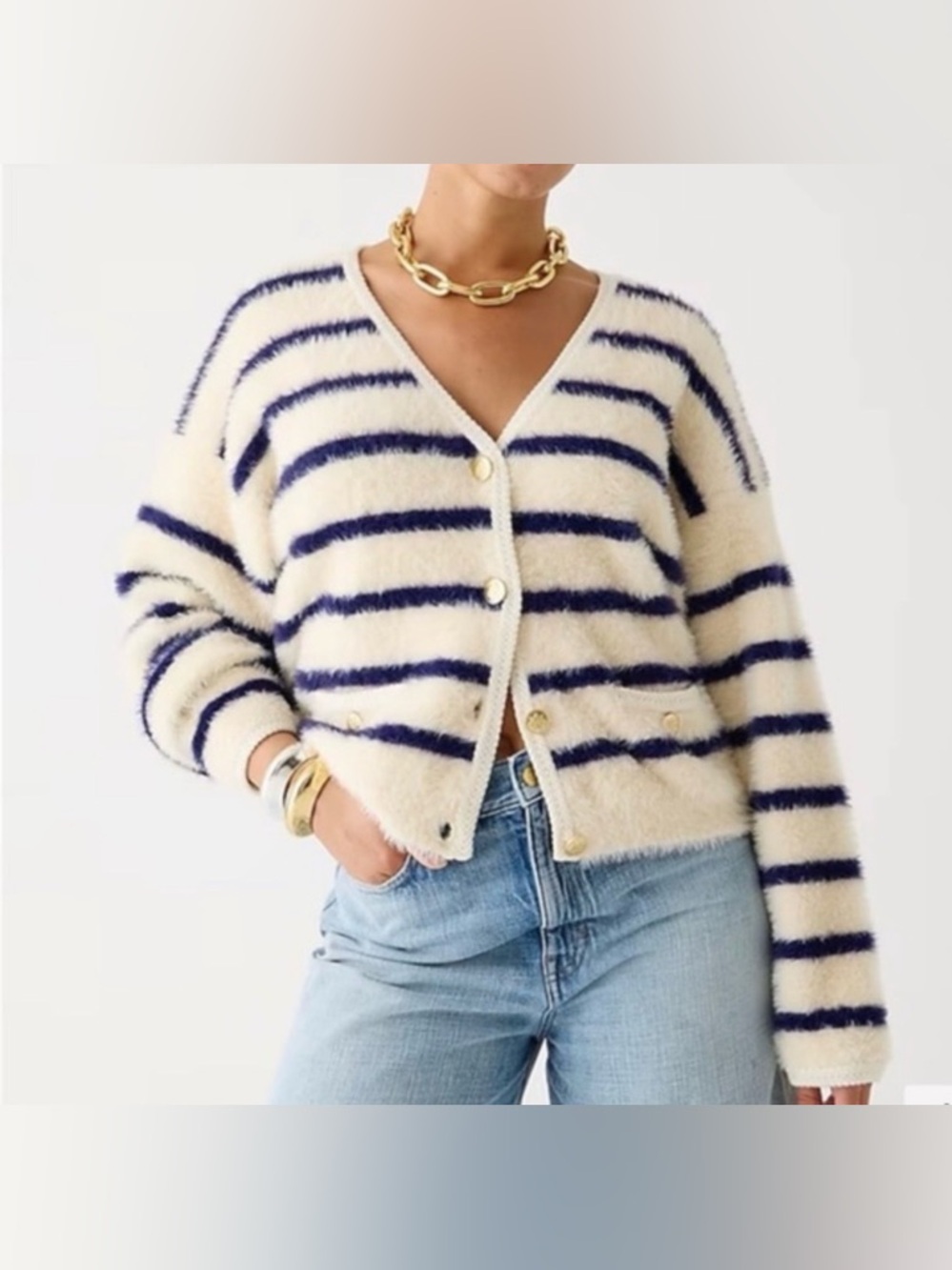 Christian Lacroix Cream & Navy Fuzzy Striped V-Neck Cardigan, Small